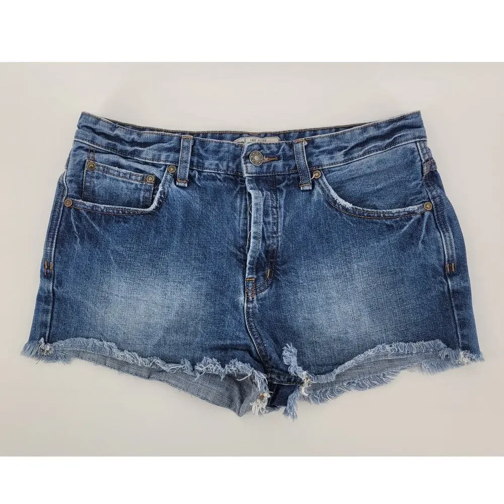 We The Free Free People Distressed Cutoff Denim Short 31 Blue Button Fly Raw Hem